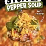 Close-up of stuffed pepper soup with sausage in a crock pot, vibrant and appetizing.