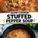 Close-up of stuffed pepper soup in a slow cooker with a spoonful being served.